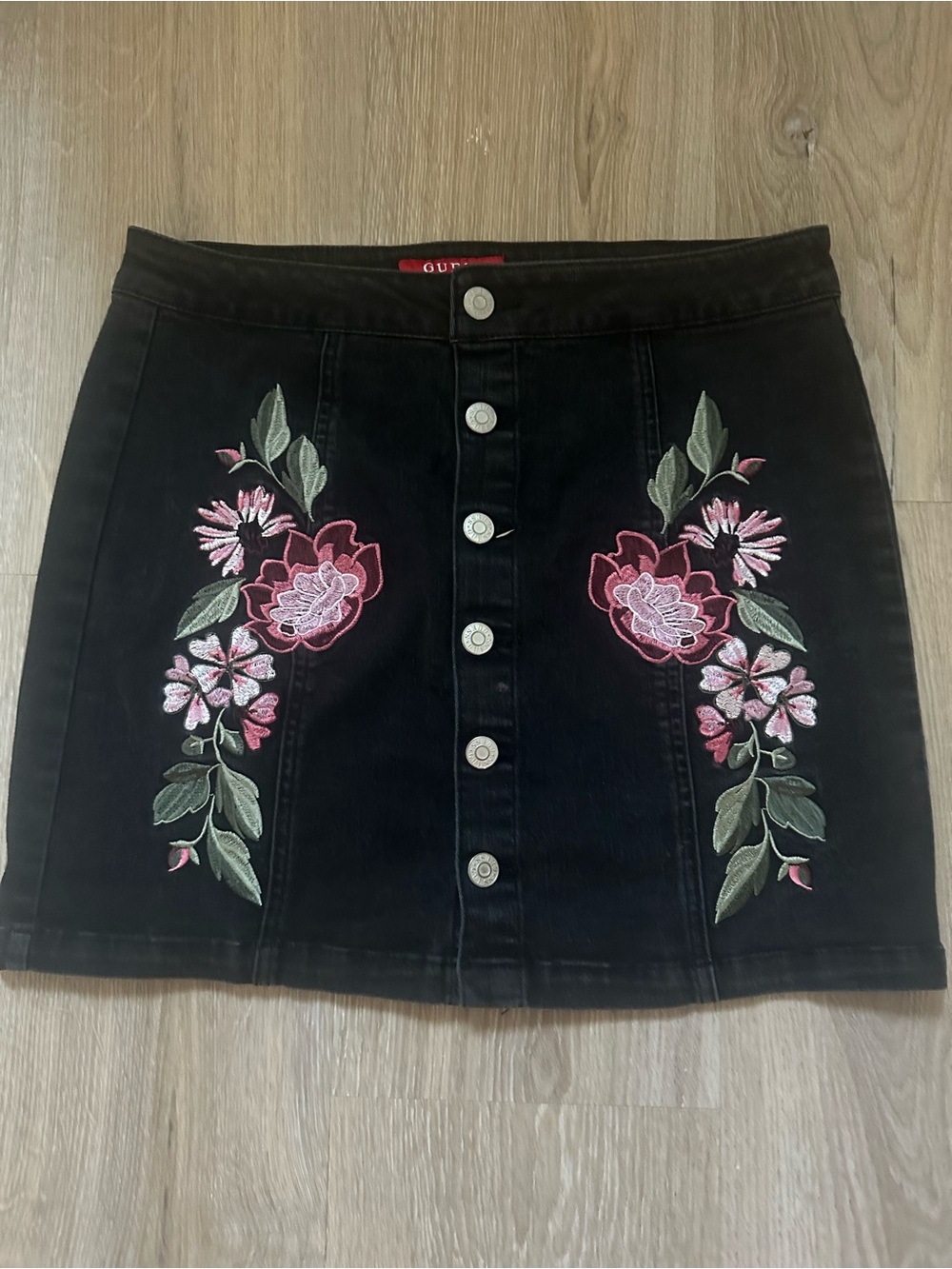 Guess Black Denim Mini Skirt with Pink Floral Embroidery